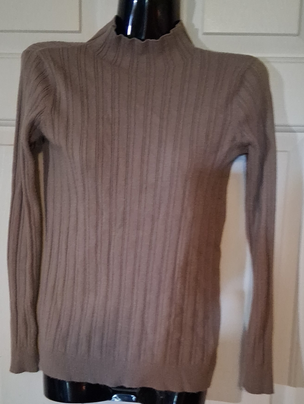 Joan Vass Taupe Ribbed Mock Neck Sweater